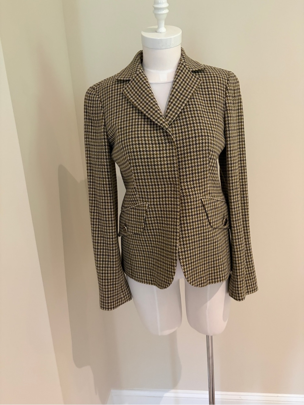 Tailored Houndstooth Blazer Jacket - Taupe & Black